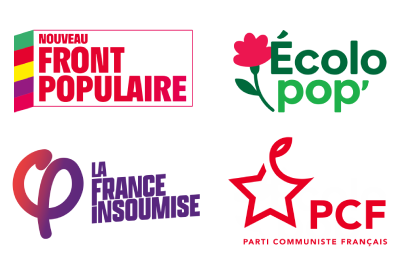 Logos Nouveau front populaire, France insoumise, parti communiste français et Ecolopop